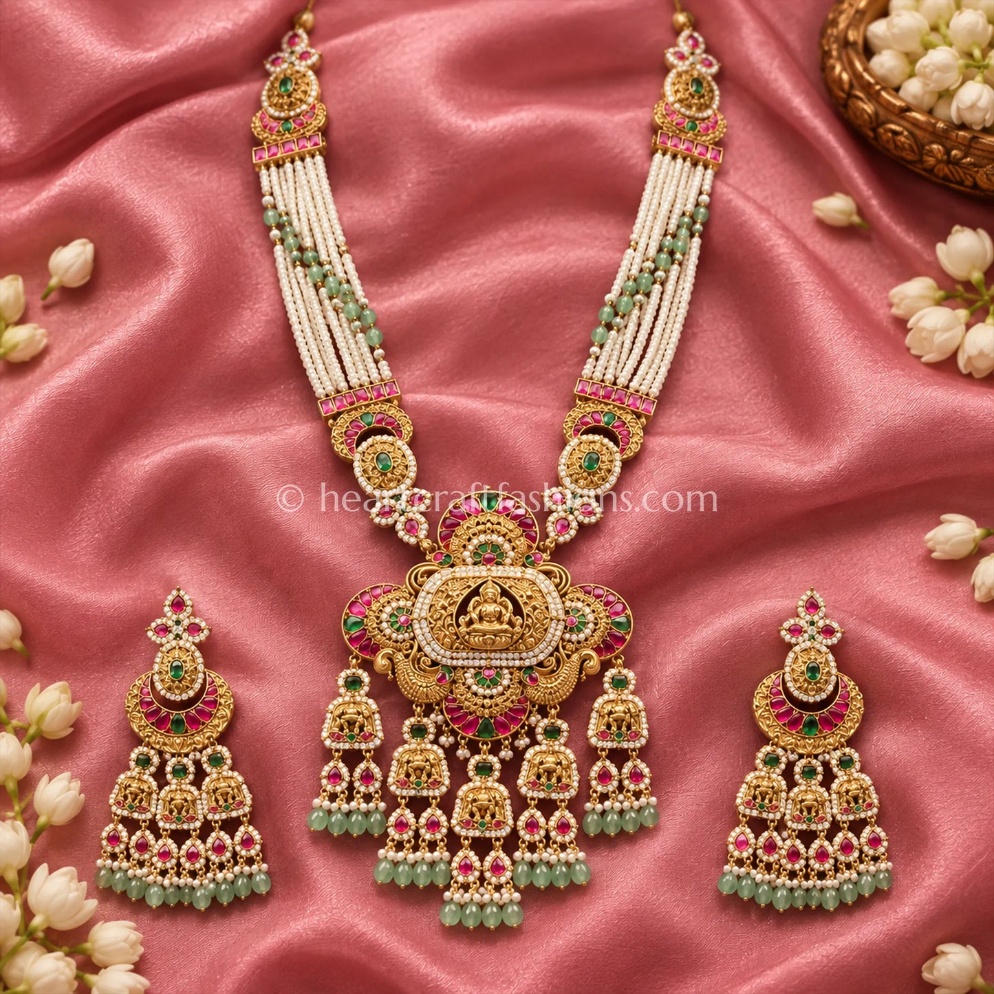 Divine Lakshmi Temple Multi-Strand Pearl Long Necklace Set