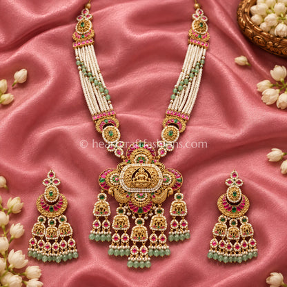 Divine Lakshmi Temple Multi-Strand Pearl Long Necklace Set