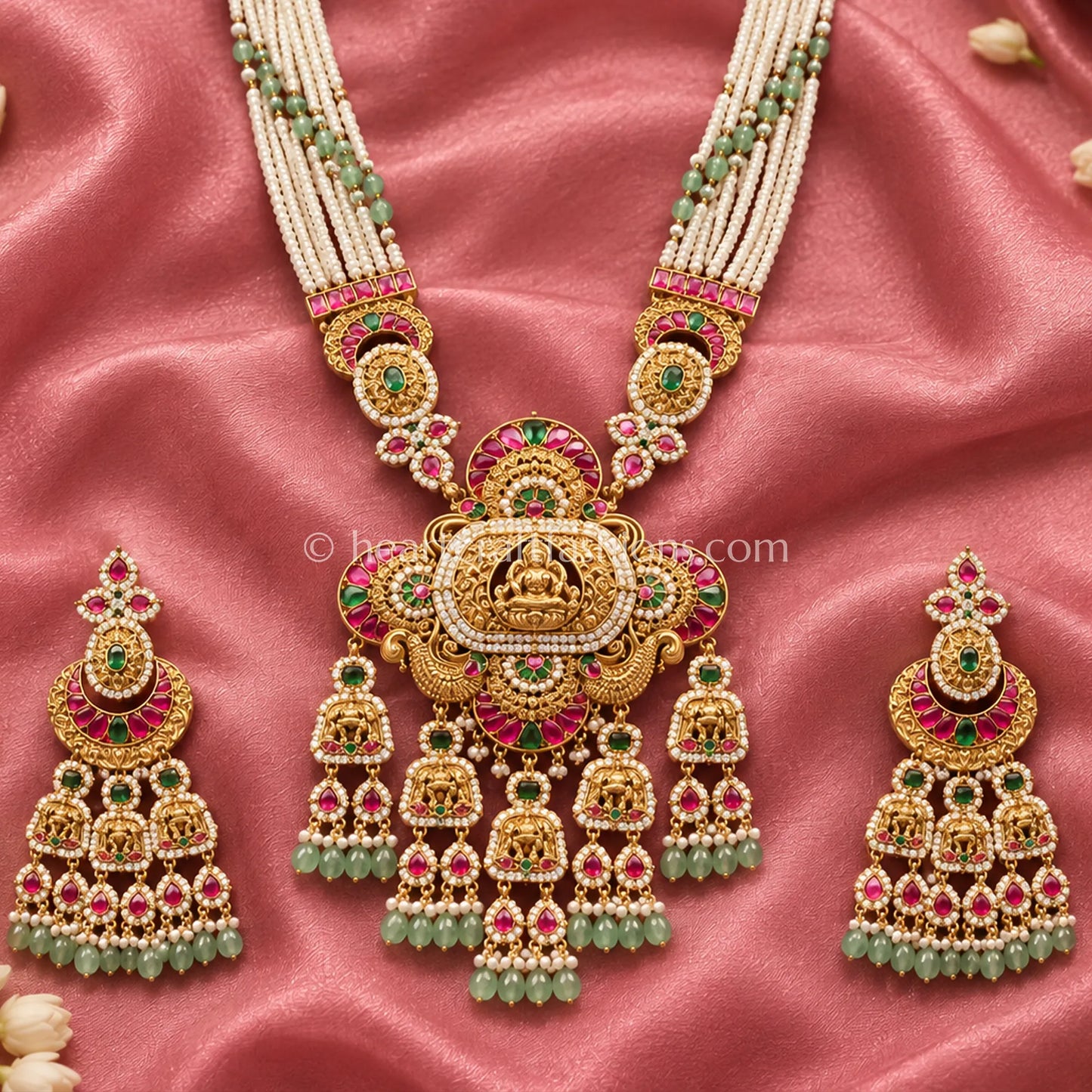 Divine Lakshmi Temple Multi-Strand Pearl Long Necklace Set