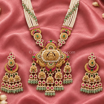 Divine Lakshmi Temple Multi-Strand Pearl Long Necklace Set