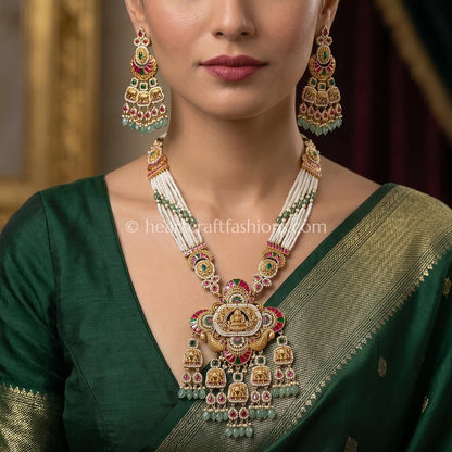 Divine Lakshmi Temple Multi-Strand Pearl Long Necklace Set