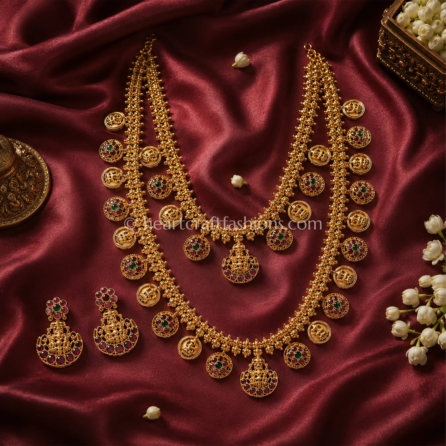 Divine Lakshmi Matte Gold Layered Kasu Mala Temple Jewellery Set