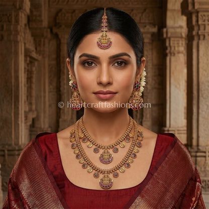 Divine Lakshmi Matte Gold Layered Kasu Mala Temple Jewellery Set