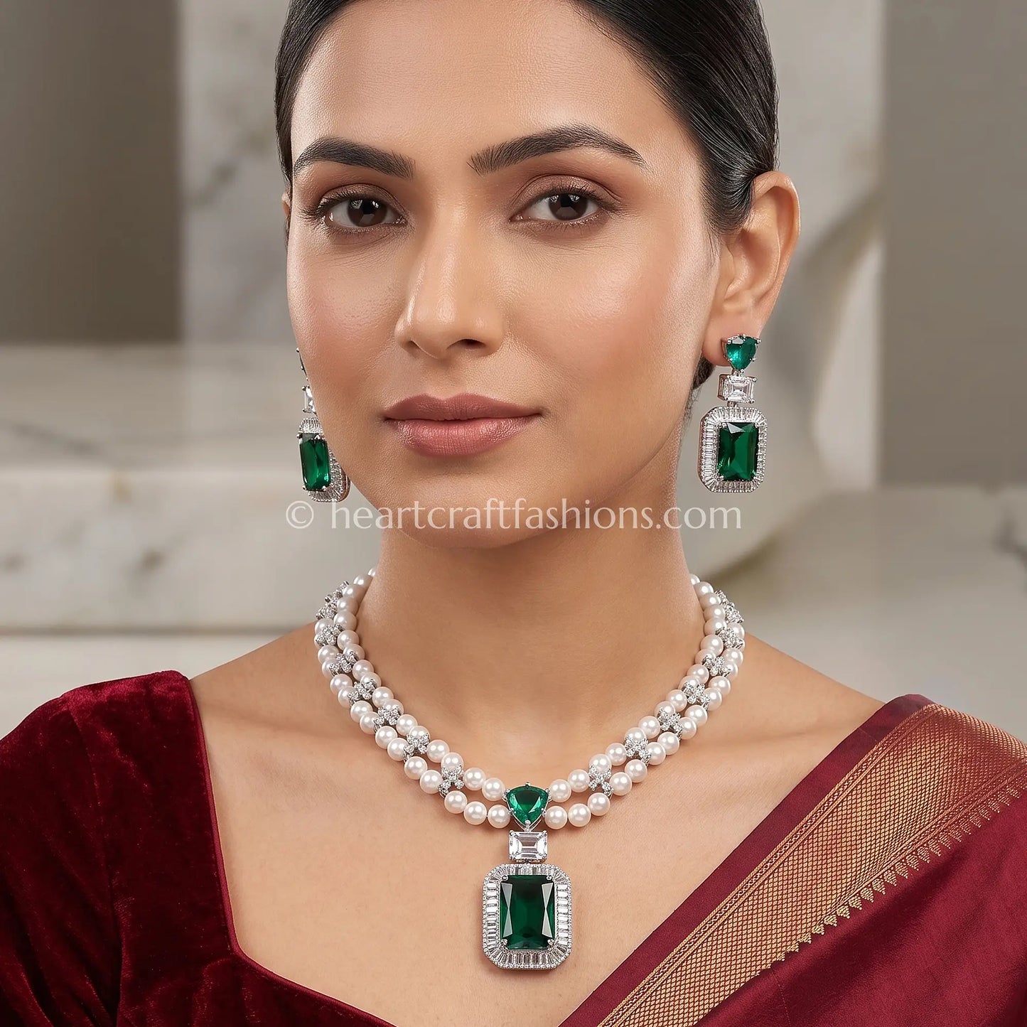 Double-Strand Pearl Choker with Emerald Solitaire