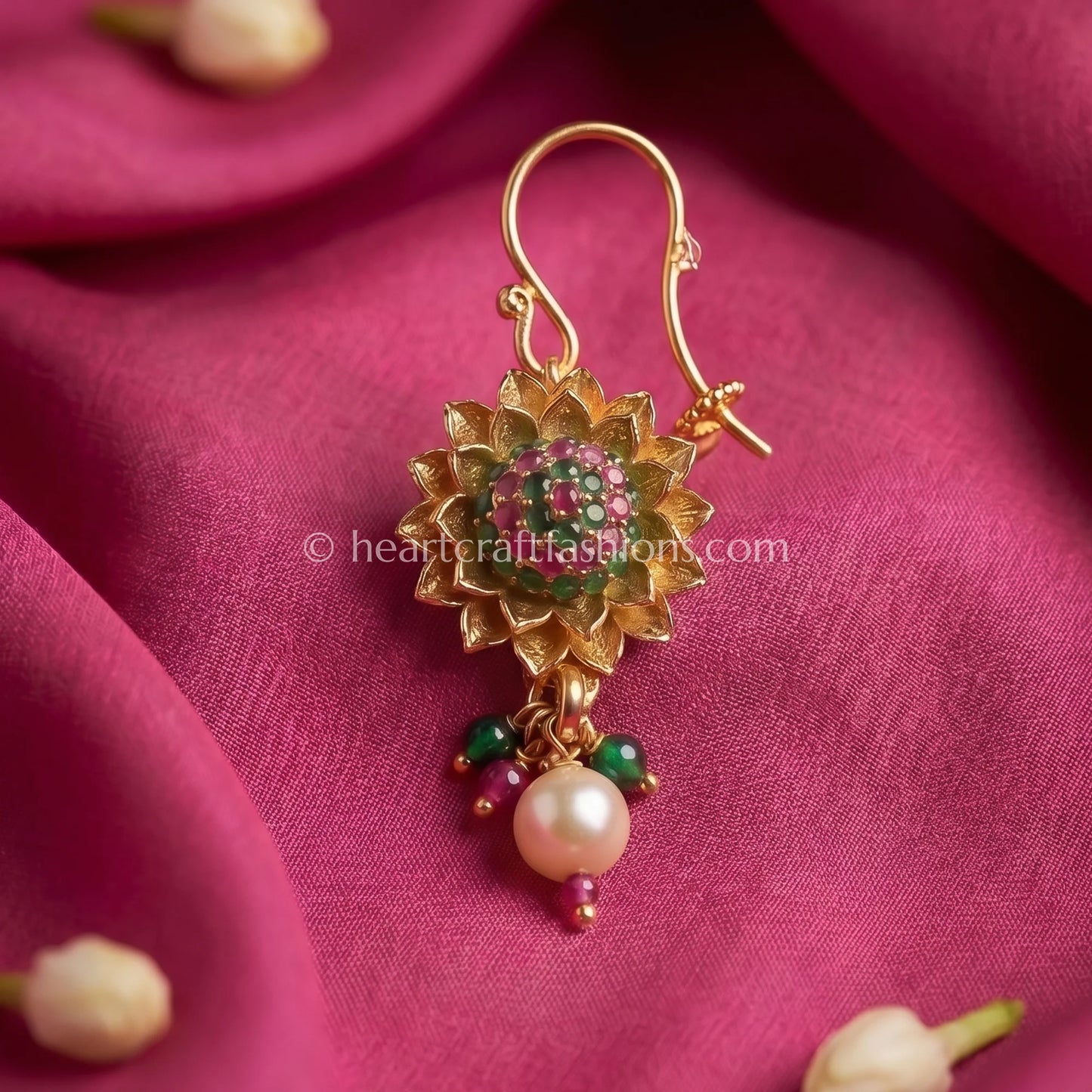Dual-Tone Ruby & Emerald Lotus Flower Maharashtrian Nath