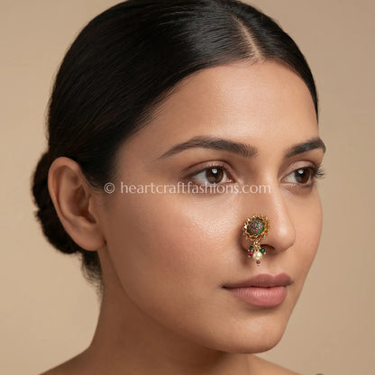 Dual-Tone Ruby & Emerald Lotus Flower Maharashtrian Nath