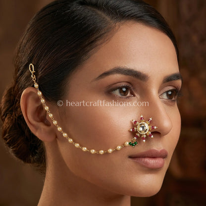 Dual-Tone Ruby & Emerald Maharashtrian Kundan Nath