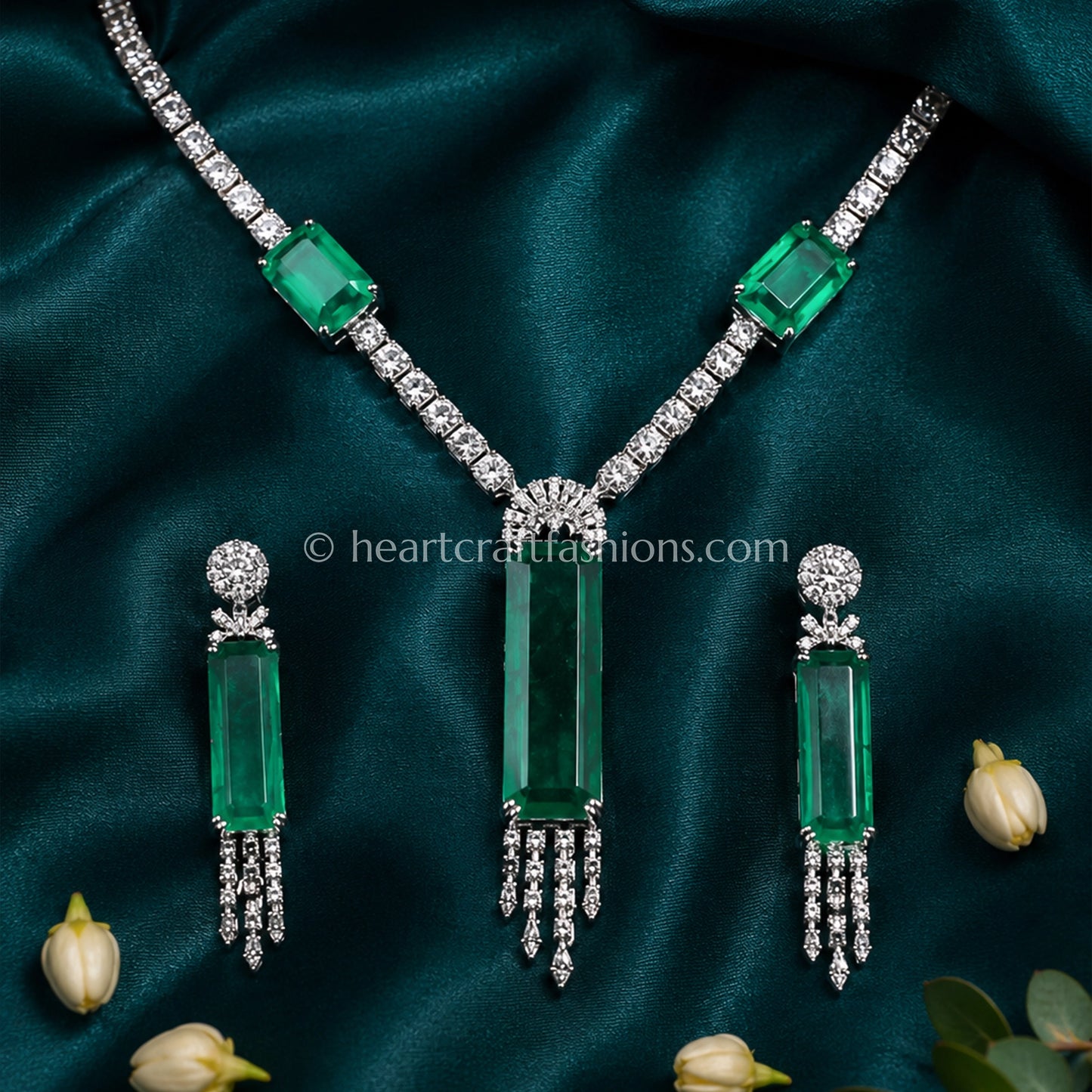 Elongated Emerald Bar Fringe Y-Necklace Set