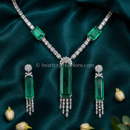Elongated Emerald Bar Fringe Y-Necklace Set