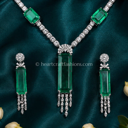 Elongated Emerald Bar Fringe Y-Necklace Set
