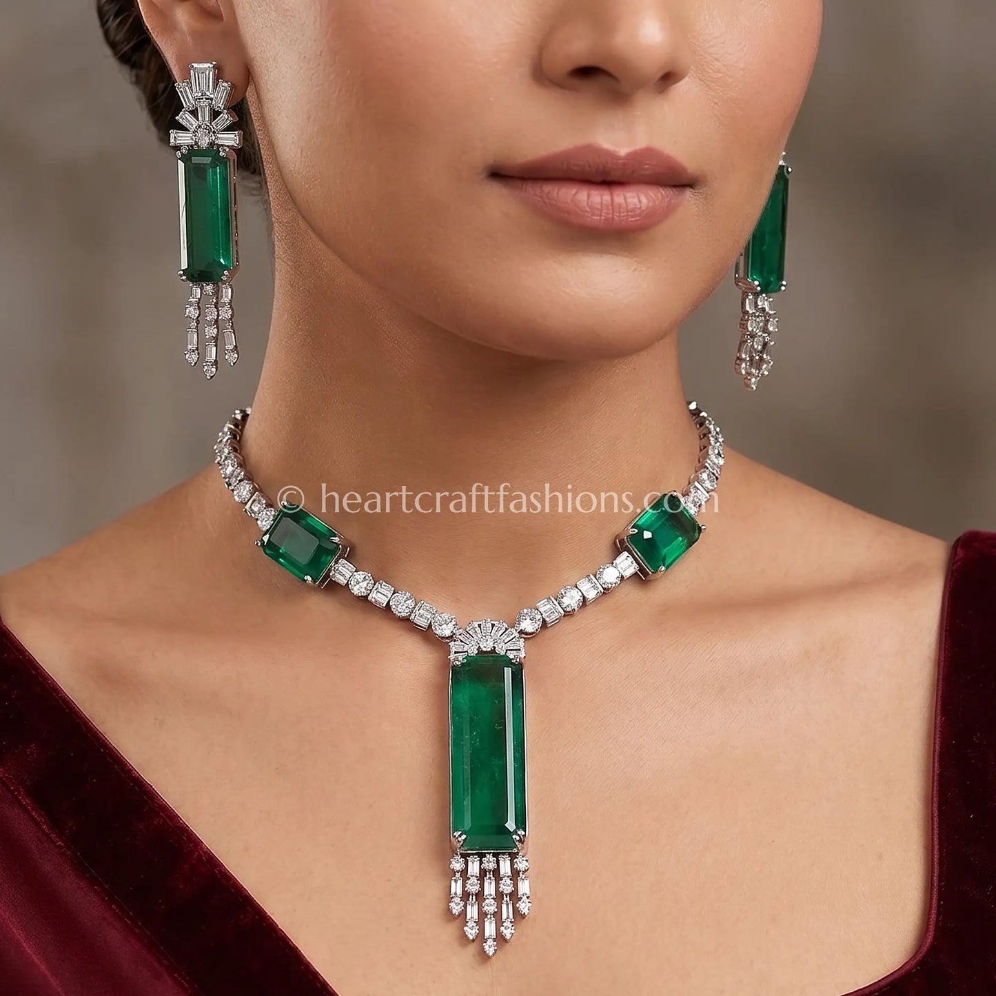 Elongated Emerald Bar Fringe Y-Necklace Set