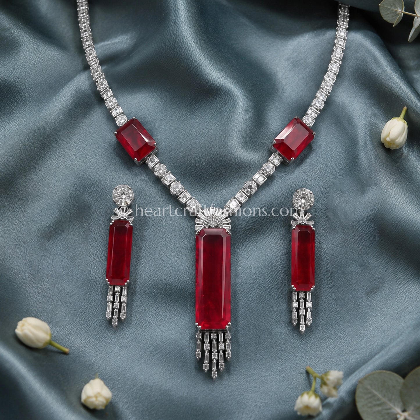 Elongated Ruby Bar Fringe Y-Necklace Set