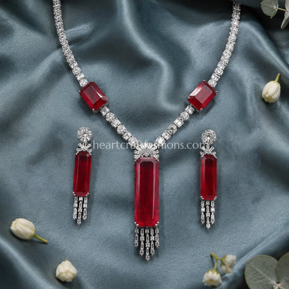 Elongated Ruby Bar Fringe Y-Necklace Set