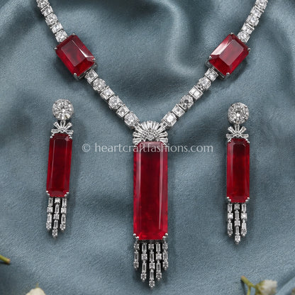 Elongated Ruby Bar Fringe Y-Necklace Set