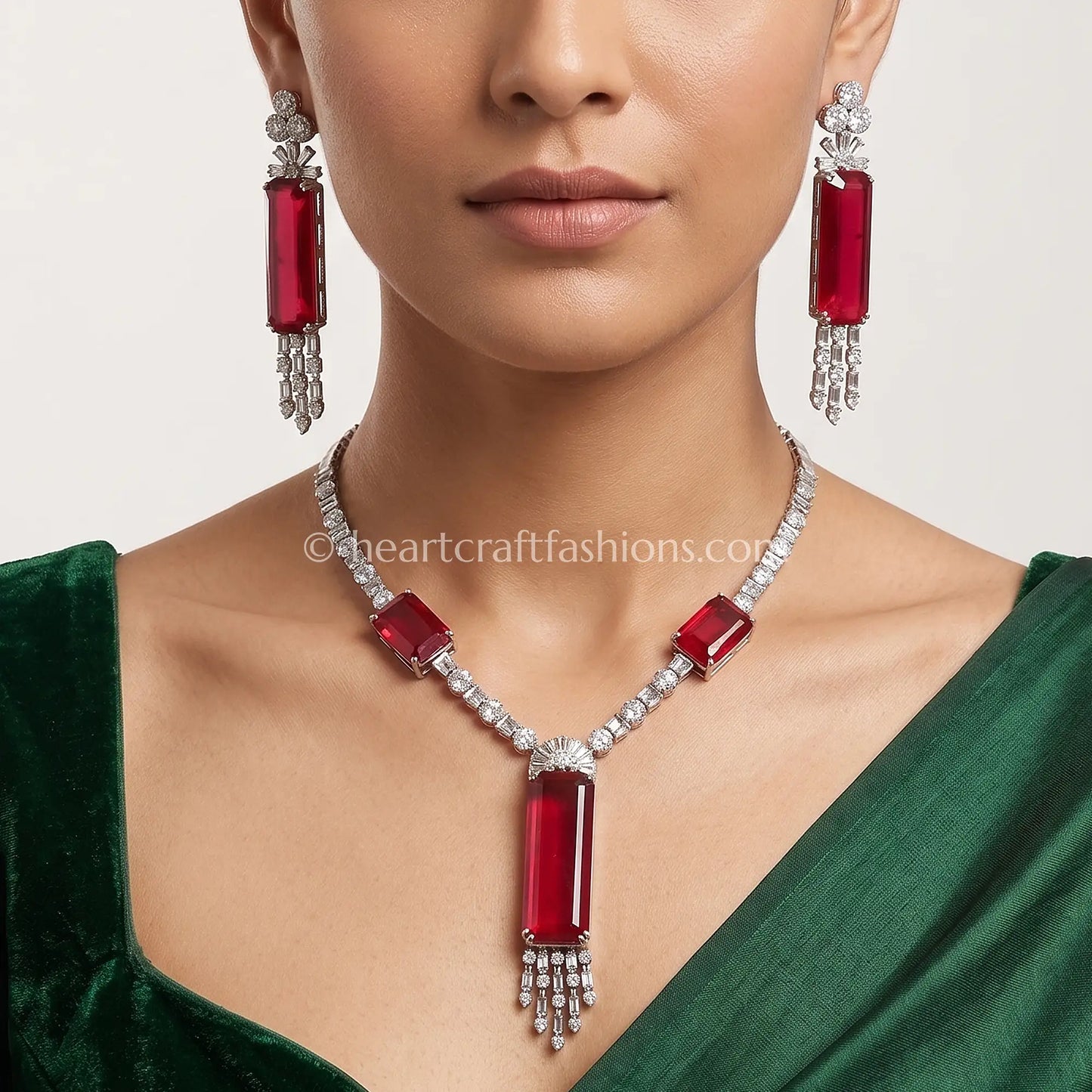 Elongated Ruby Bar Fringe Y-Necklace Set