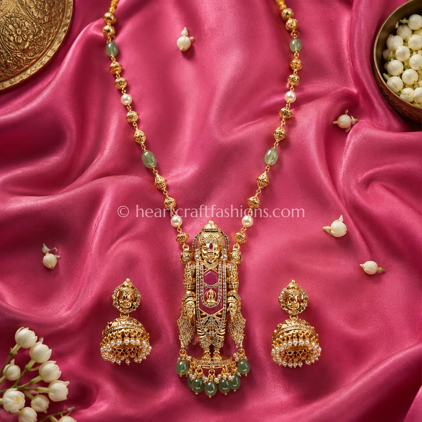 Emerald Balaji Divine Temple Pendant Long Chain Set