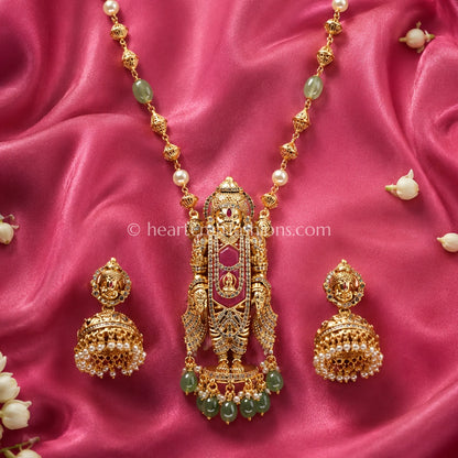 Emerald Balaji Divine Temple Pendant Long Chain Set