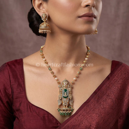 Emerald Balaji Divine Temple Pendant Long Chain Set