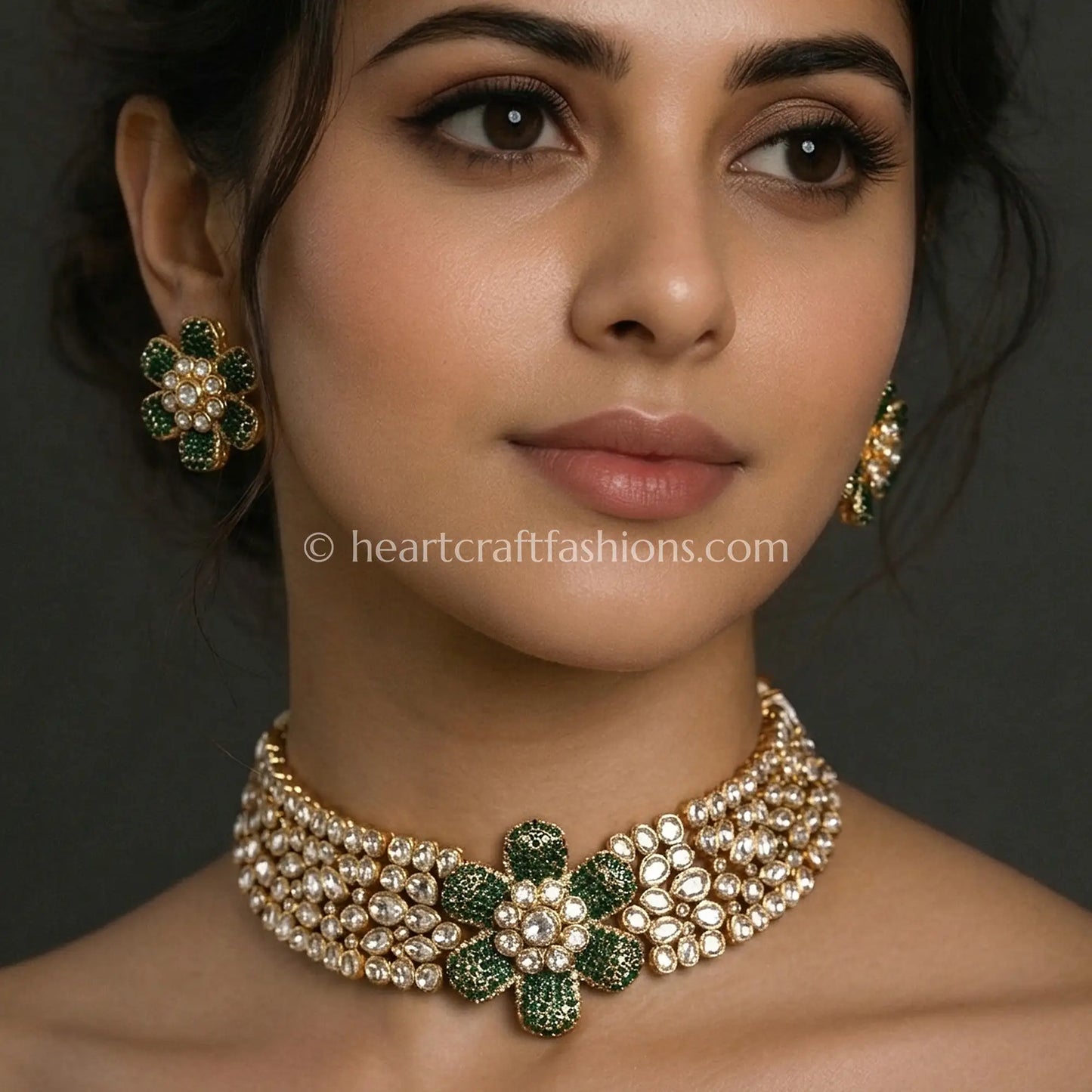 Emerald Bloom Moissanite Polki Choker Set