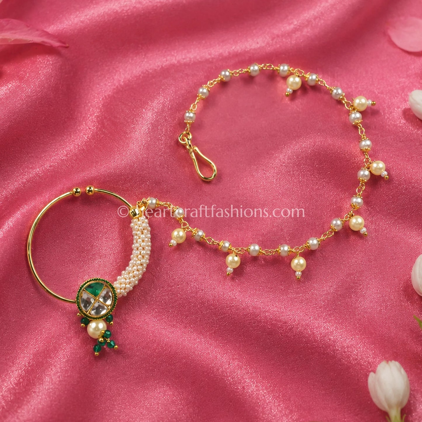 Emerald Core Sunehri Kundan Ring Nath with Pearl Fringe Chain