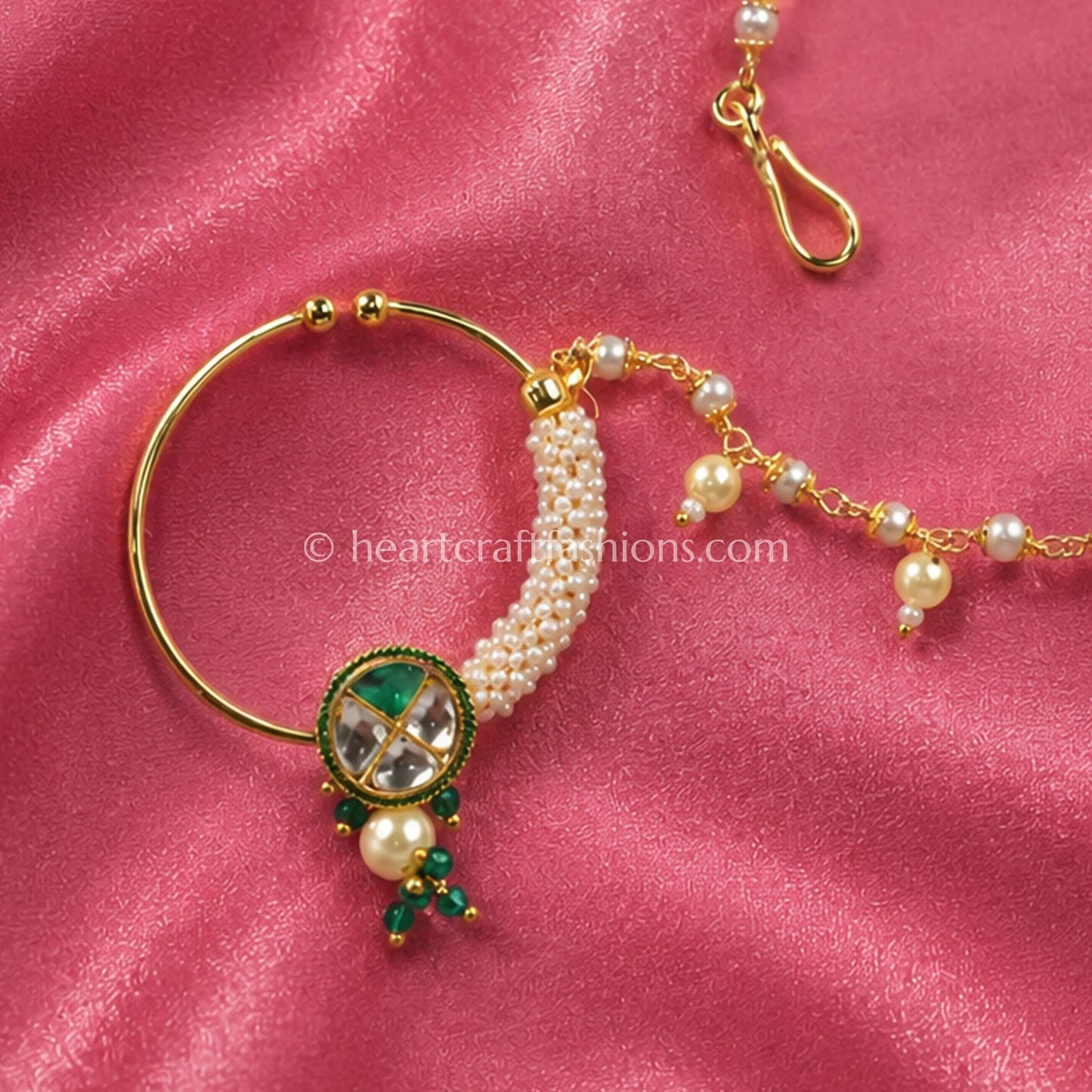 Emerald Core Sunehri Kundan Ring Nath with Pearl Fringe Chain