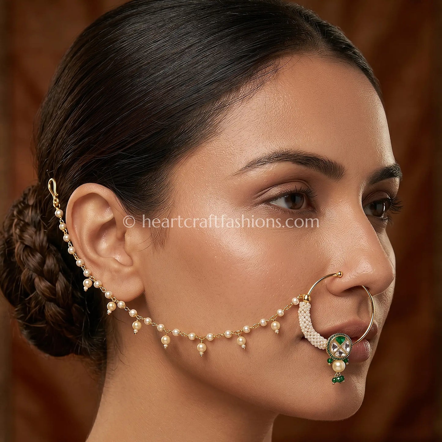 Emerald Core Sunehri Kundan Ring Nath with Pearl Fringe Chain