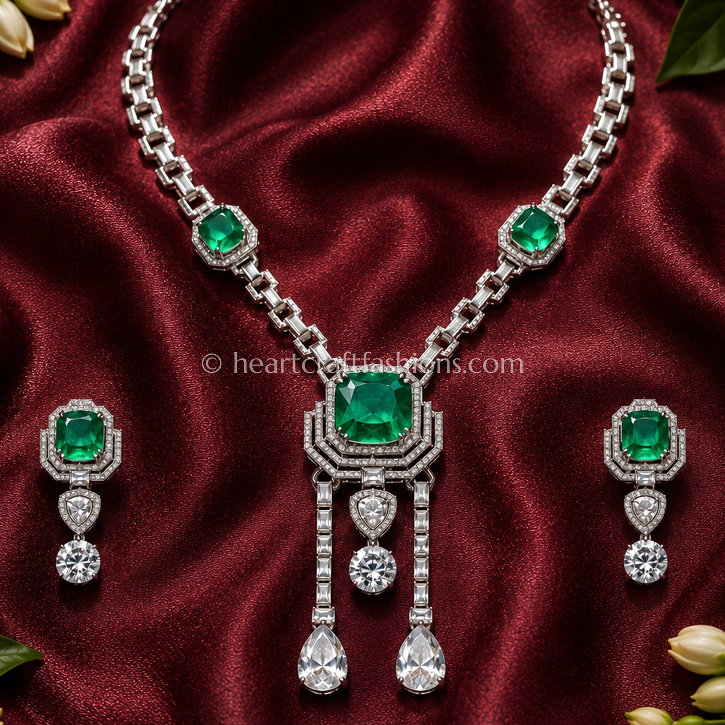 Emerald Cushion Solitaire Art Deco Pendant Set