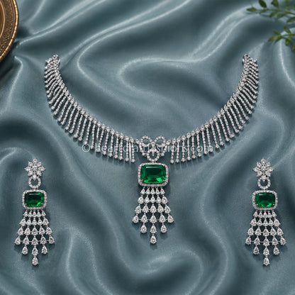 Emerald Cushion Solitaire Tassel Choker Set