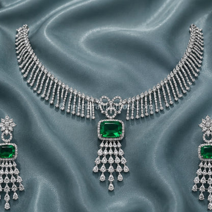 Emerald Cushion Solitaire Tassel Choker Set