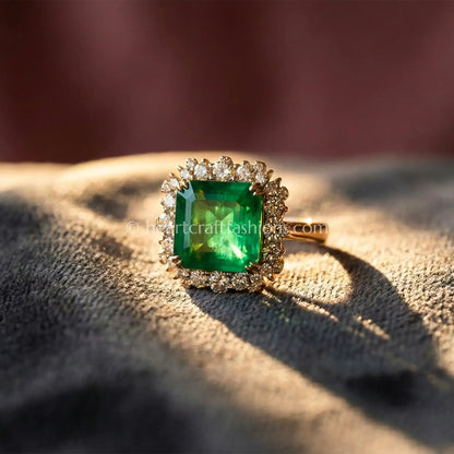 Emerald Cut Green Halo Statement Ring