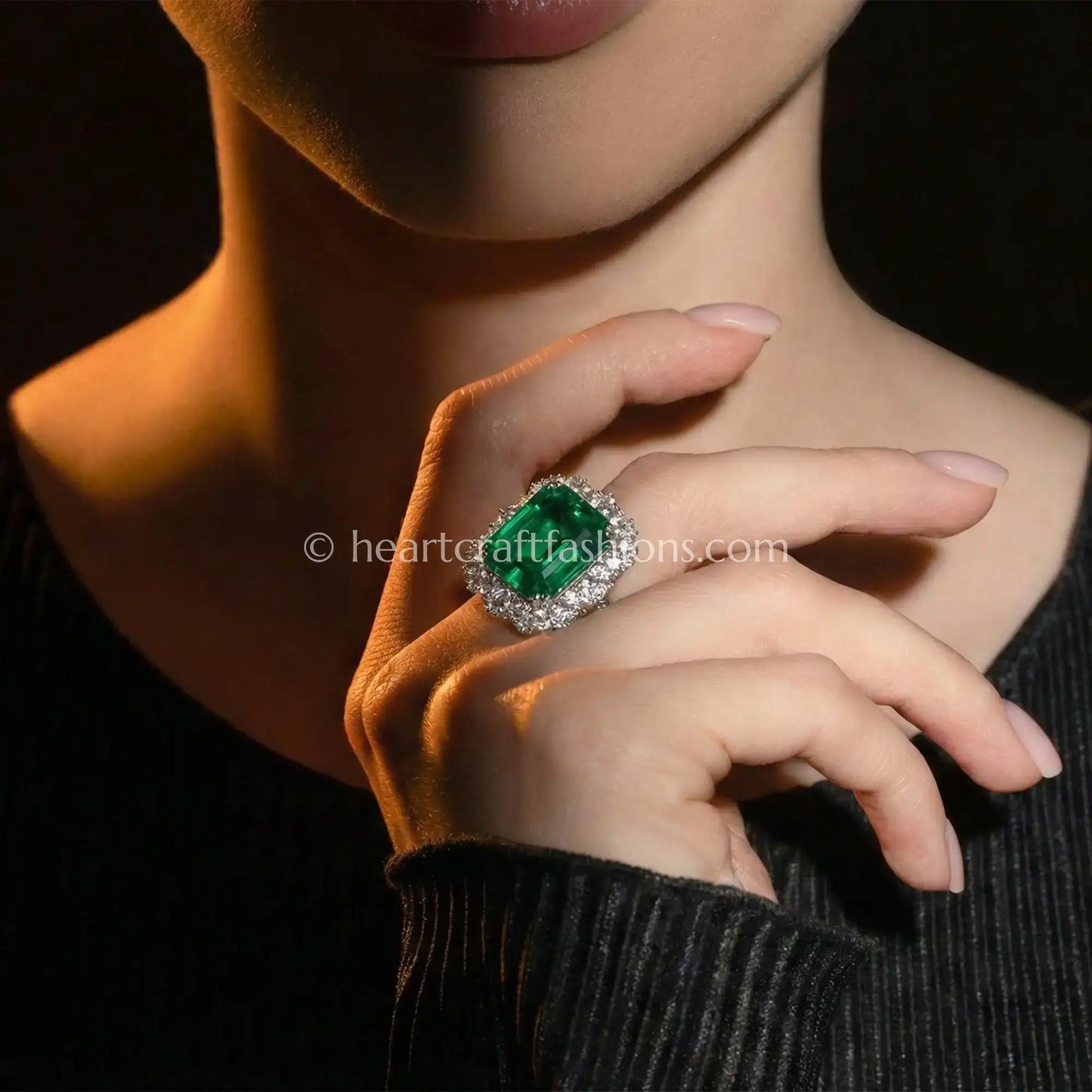 Emerald Cut Green Halo Statement Ring