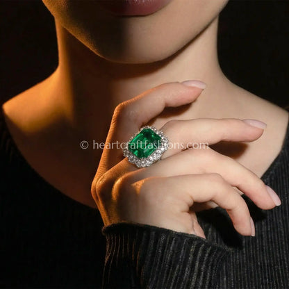Emerald Cut Green Halo Statement Ring