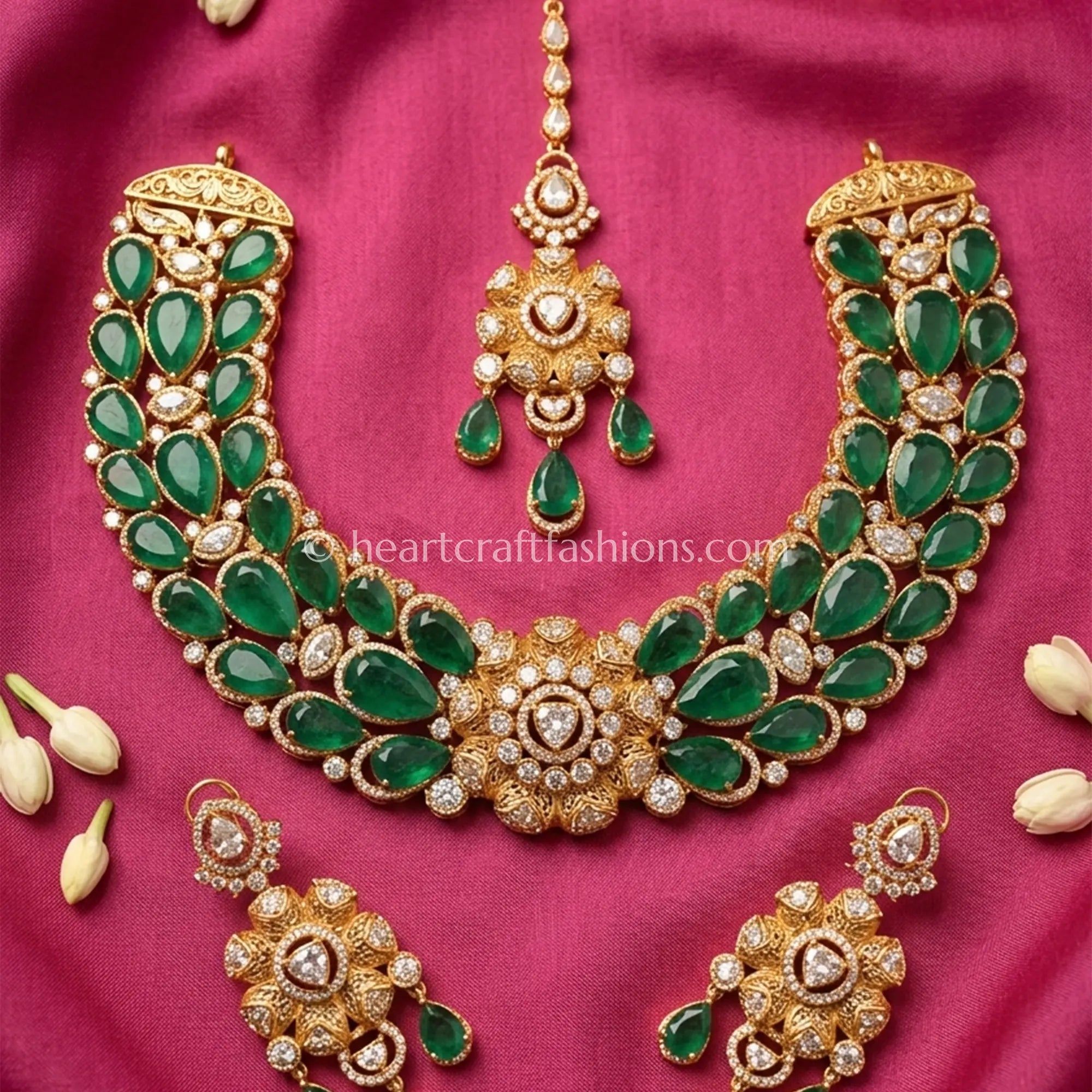 Emerald Doublet Moissanite Floral Bridal Choker Set
