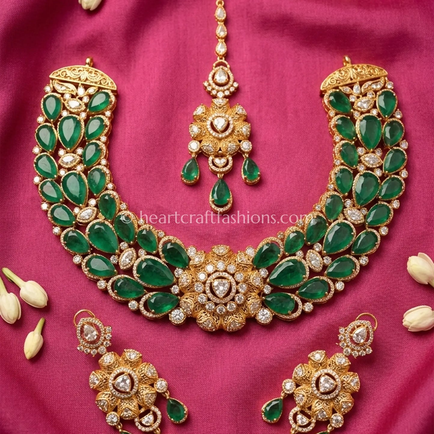 Emerald Doublet Moissanite Floral Bridal Choker Set