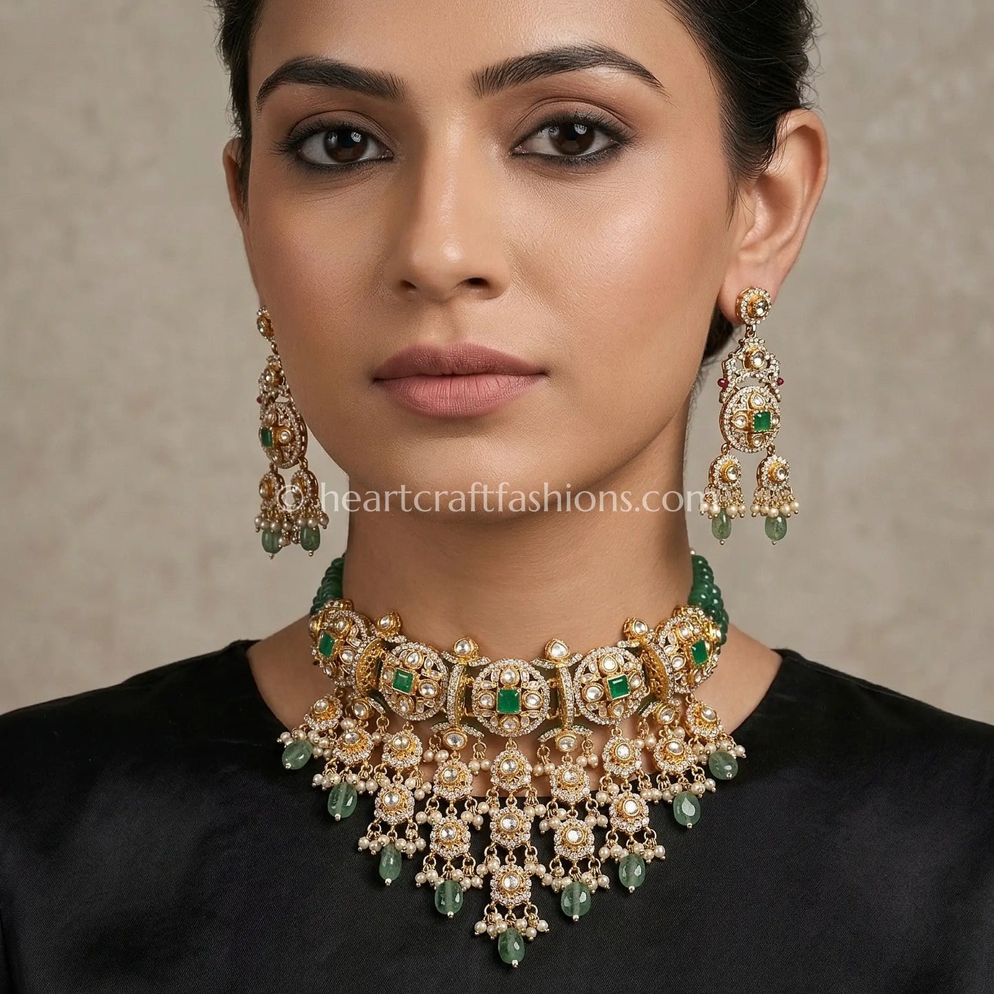 Emerald Drop Moissanite Polki Choker Set