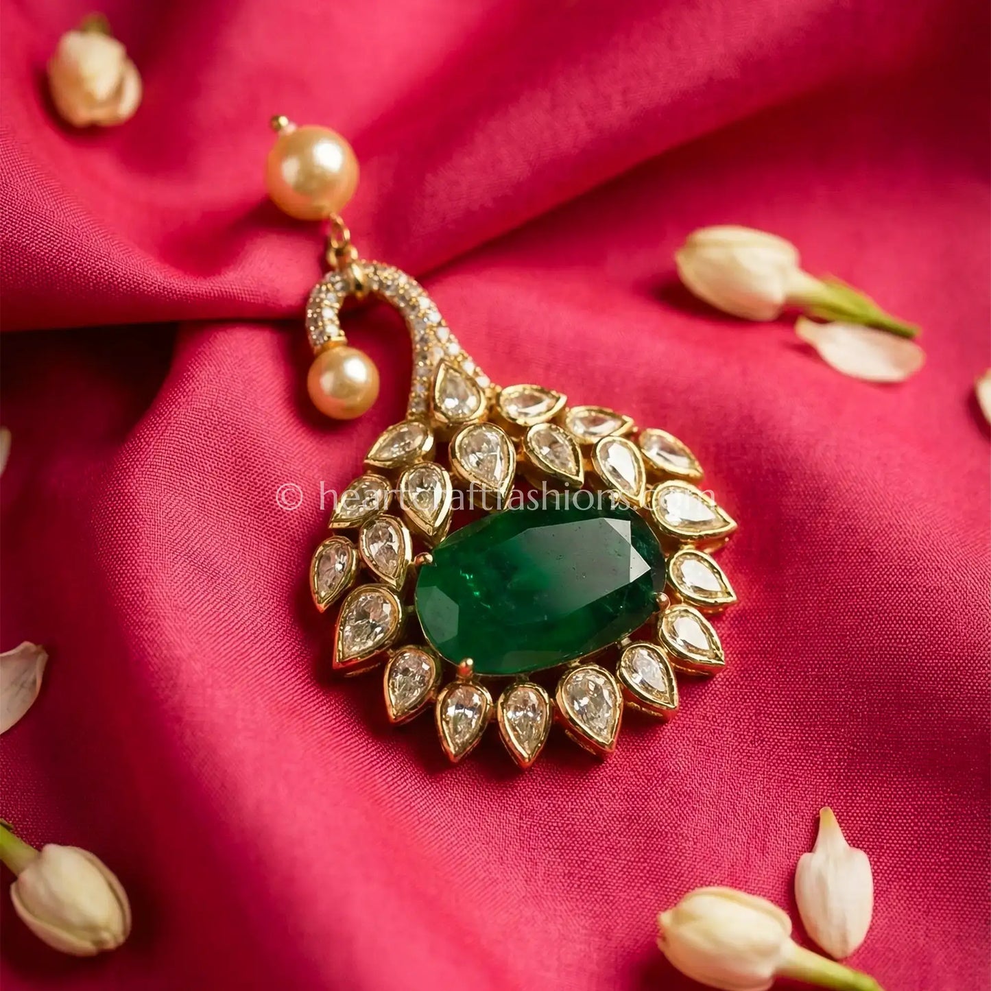 Emerald Elegance Kundan Pearl brooch