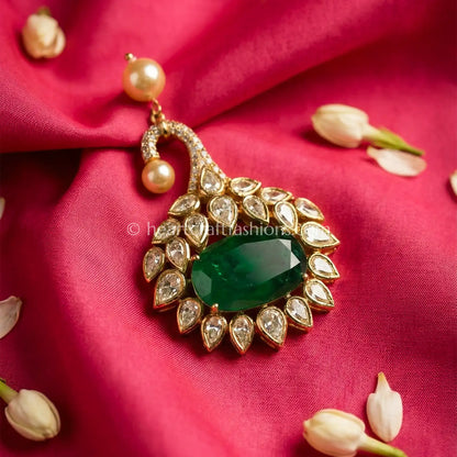 Emerald Elegance Kundan Pearl brooch