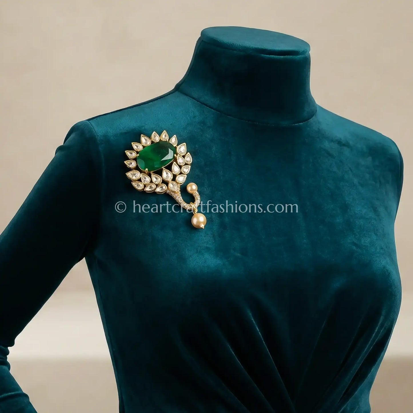 Emerald Elegance Kundan Pearl brooch