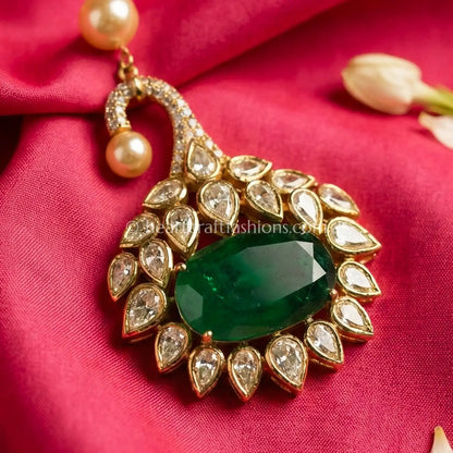 Emerald Elegance Kundan Pearl brooch