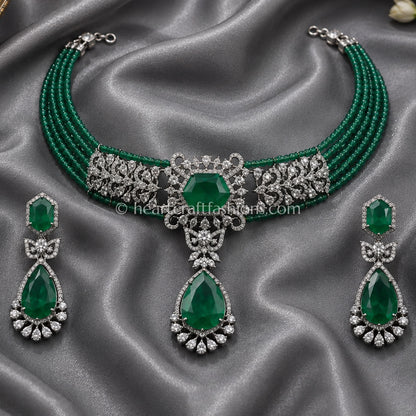 Emerald Green Beaded Choker with Halo Pendant