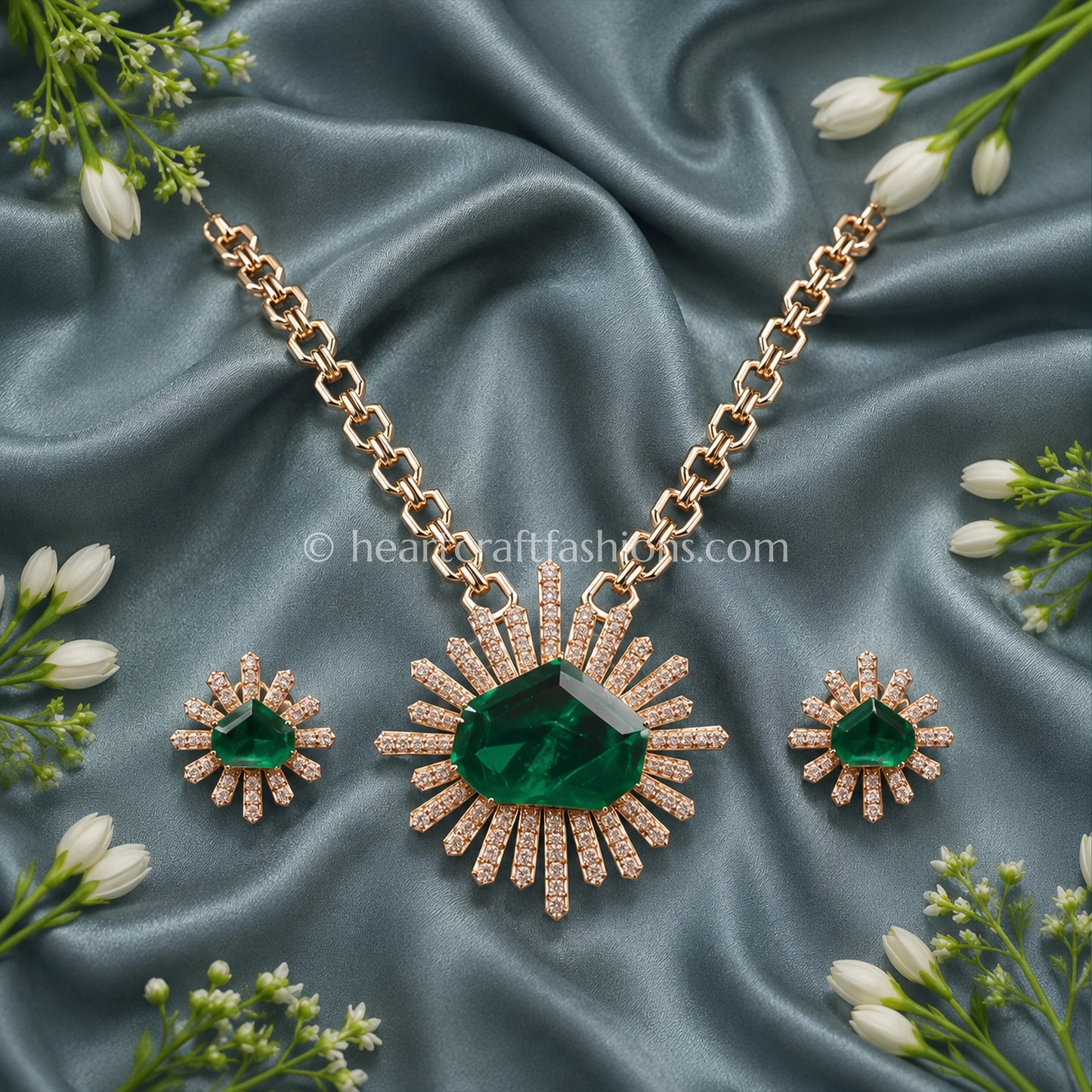 Emerald Green Designer Celebrity Doublet Statement Necklace Set