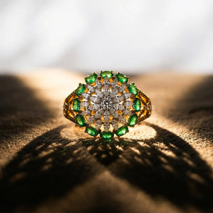 Emerald Green Floral Halo Ring