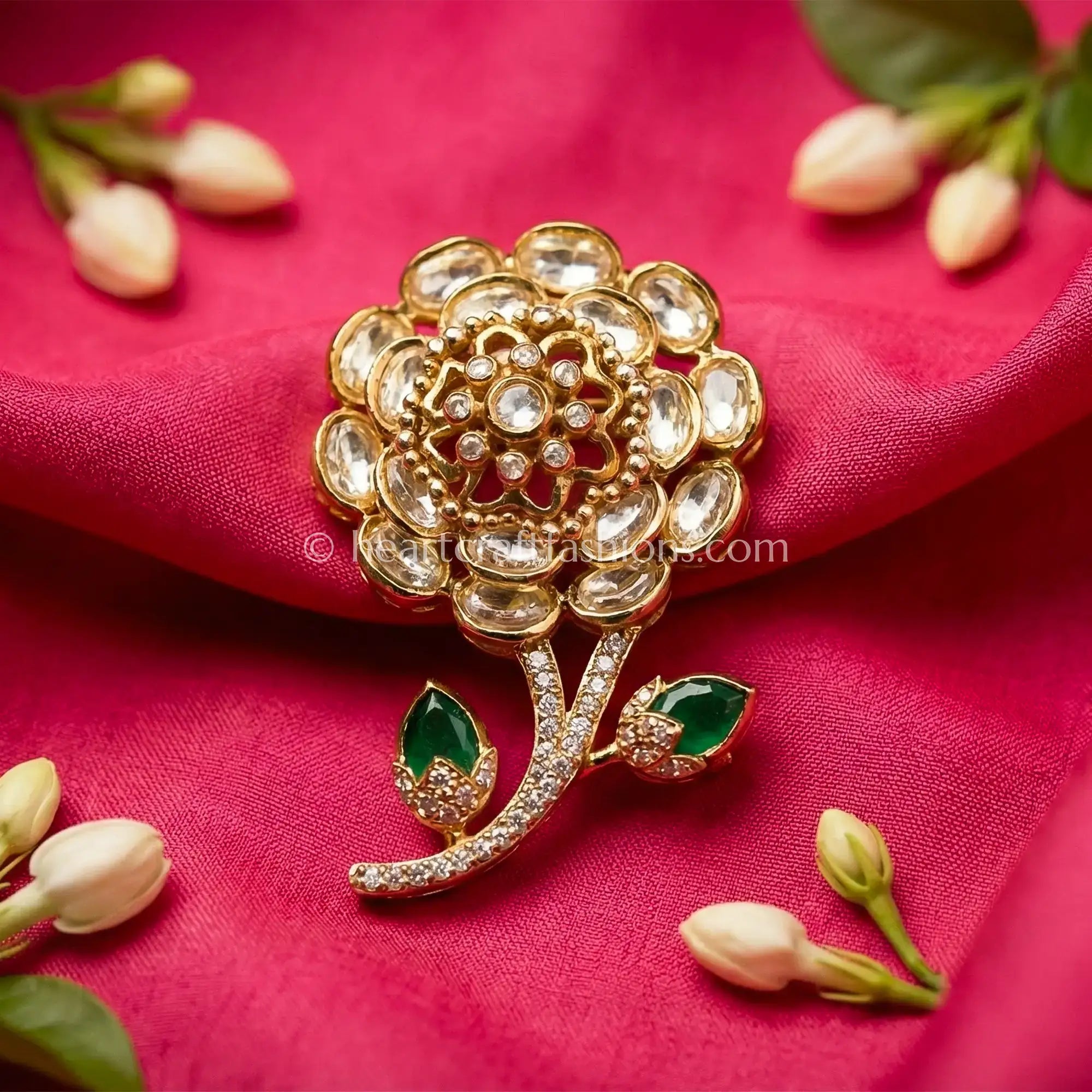 Emerald Green Floral Kundan Designer Brooch