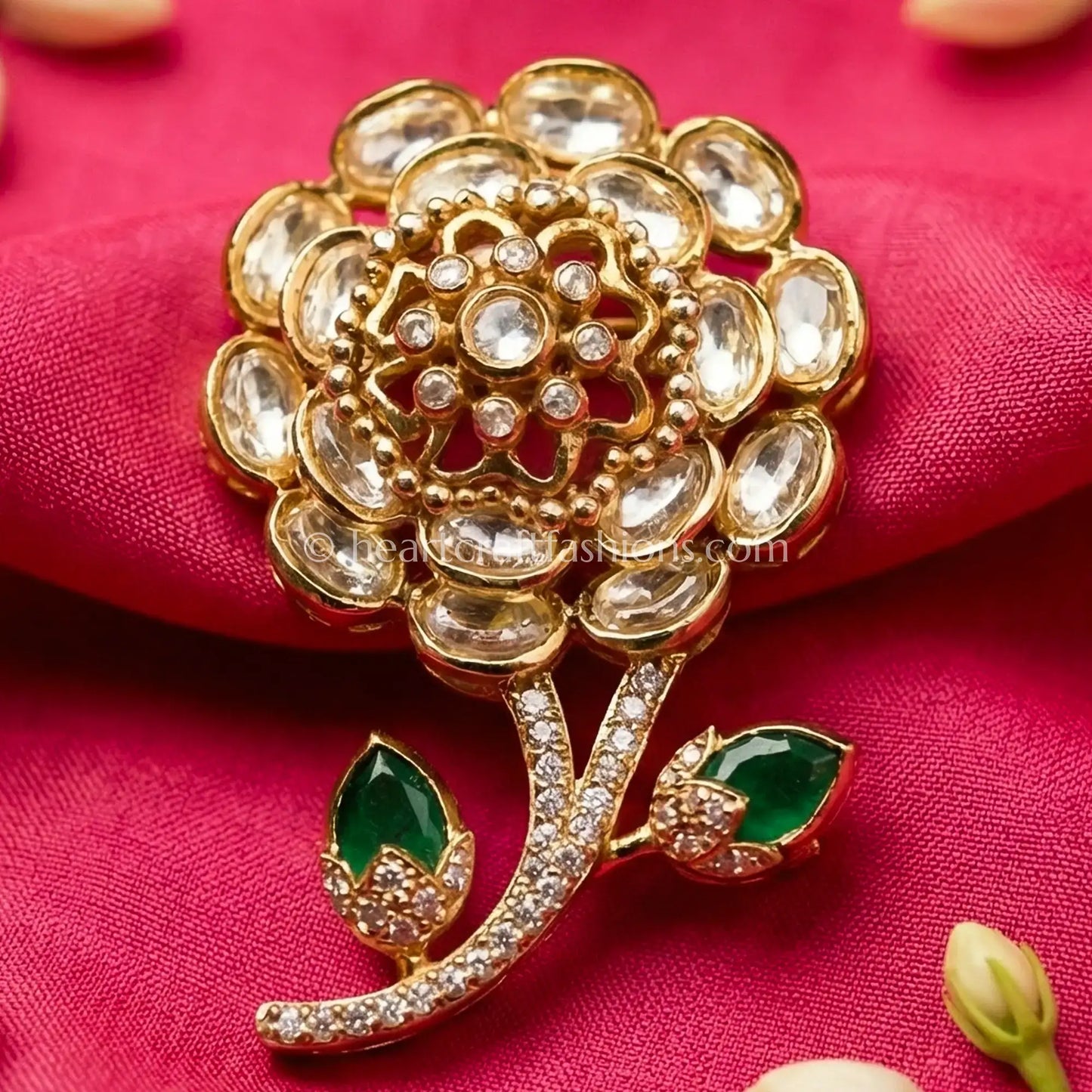 Emerald Green Floral Kundan Designer Brooch