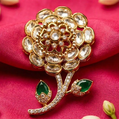 Emerald Green Floral Kundan Designer Brooch