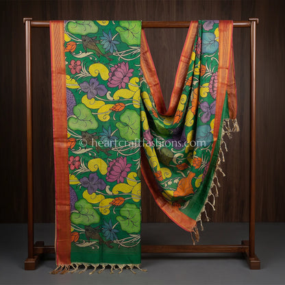 Emerald Green Kalamkari Hand Painted Bangalore Silk Bird & Lotus Theme Dupatta