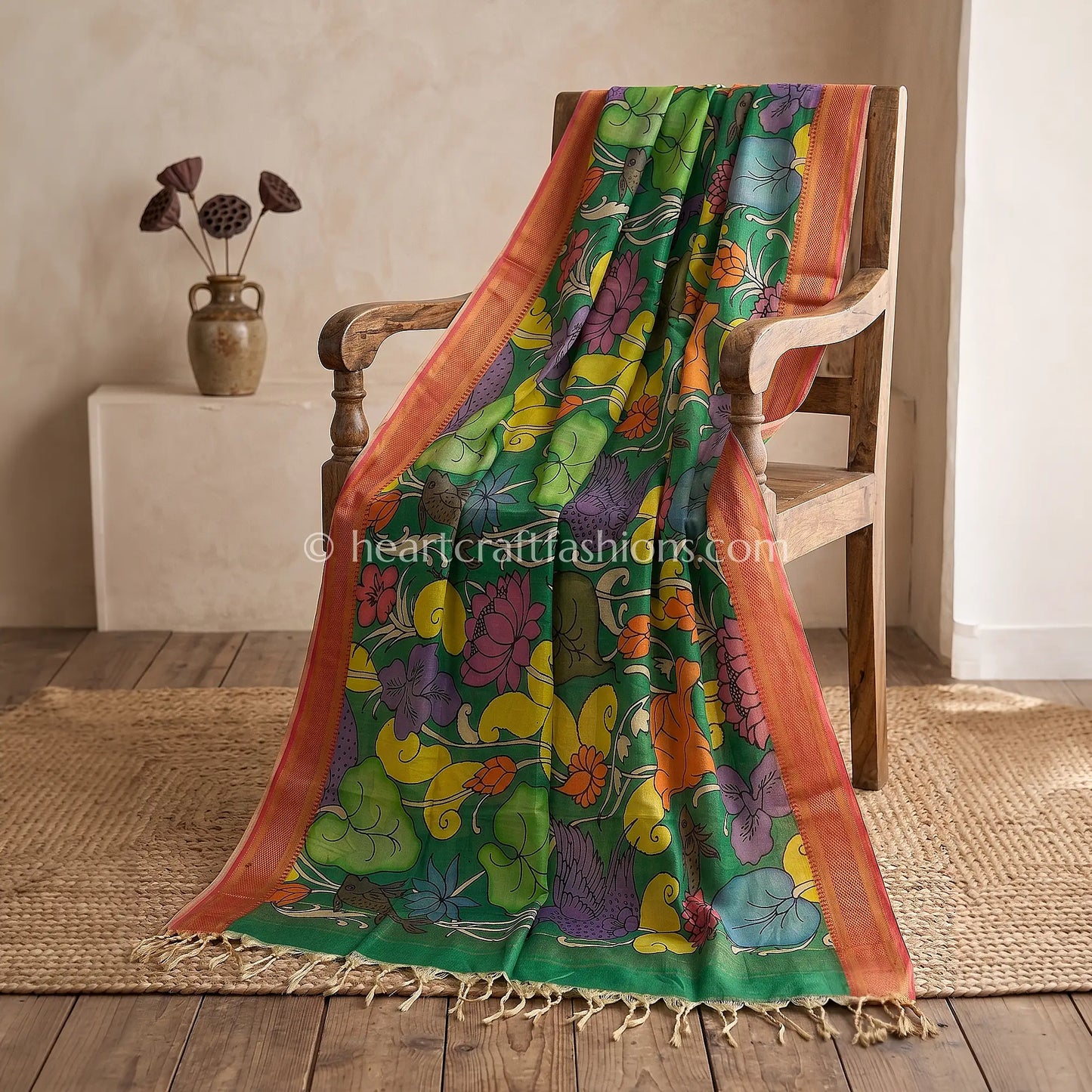 Emerald Green Kalamkari Hand Painted Bangalore Silk Bird & Lotus Theme Dupatta