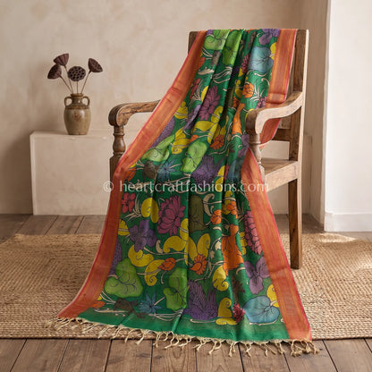 Emerald Green Kalamkari Hand Painted Bangalore Silk Bird & Lotus Theme Dupatta