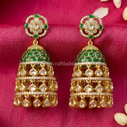 Emerald Green Sunehri Kundan Jhumar Jhumka