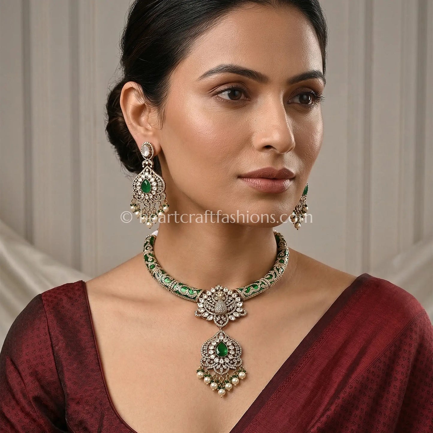 Emerald Green Moissanite Meenakari Hasli Pendant Set